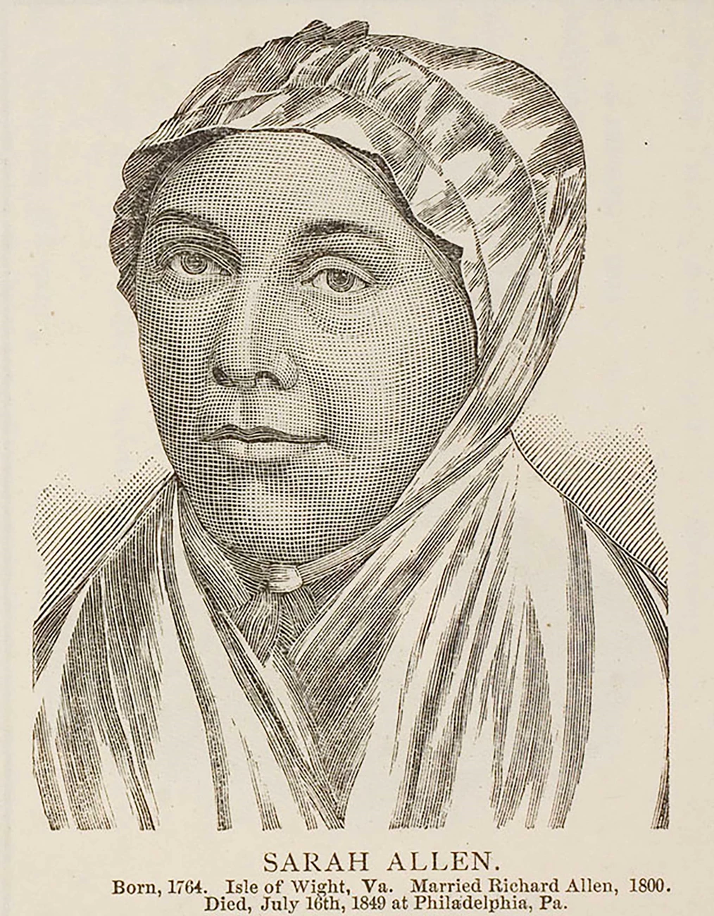 An illustration of Sarah Allen featured in 1890 AME Church conference proceedings. Black print on paper.