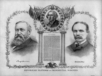 1892republicanposter a campaign poster for president in 1892- Benjamin Harrison is on the left and Whitelaw Reid on the right