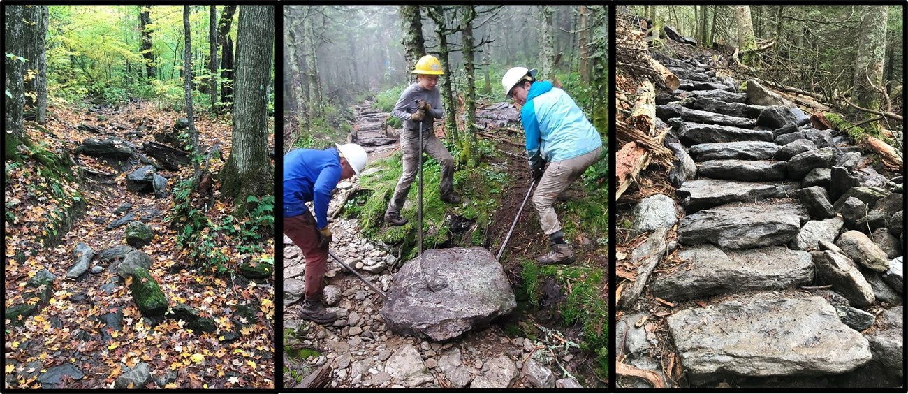 18_CAHU-VT_trail collage of three photos of people working in forest
