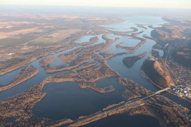 190222-A-CQ961-002.2 Color aerial photograph of islands constructed in the Mississippi River.