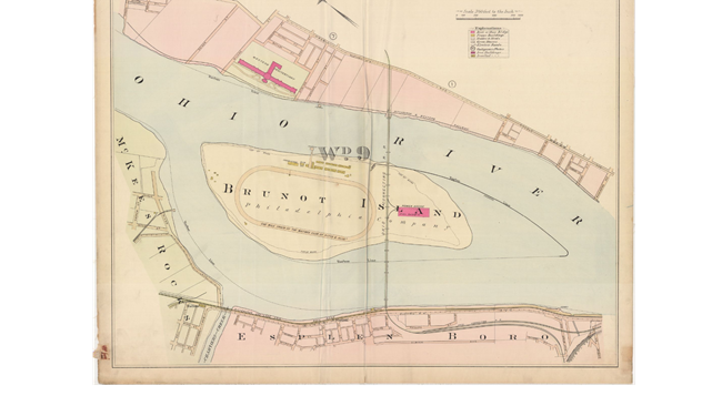 Map showing power plant location and racetrack on Brunot Island in the Ohio River.