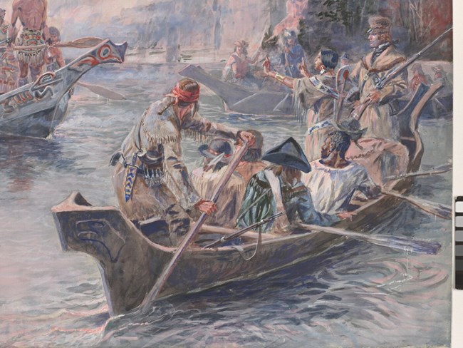 Painting of a boat on a river in a forested area, full of men and one woman standing. People are wearing 18th-century clothing.