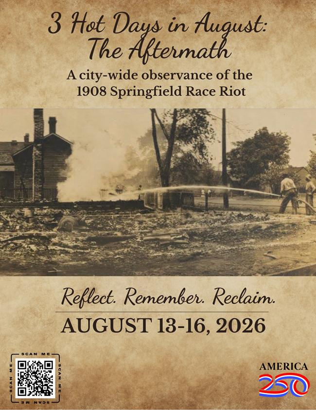 An event flier for 3 Hot Days in August that has a historic photo of two firefighters using a hose to put out a house fire.