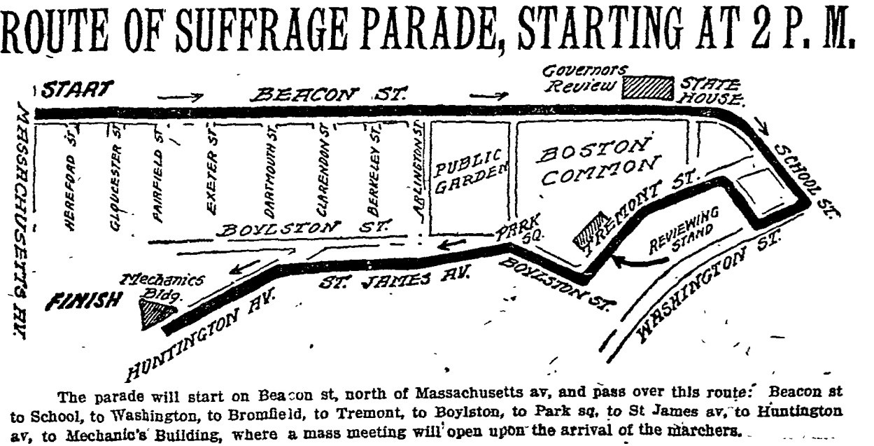 1915SuffrageParadeRoute-BG-10-16-1915 print of the suffrage parade route in downtown Boston