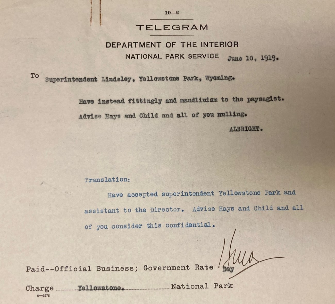 1919 encrypted telegram with translation
