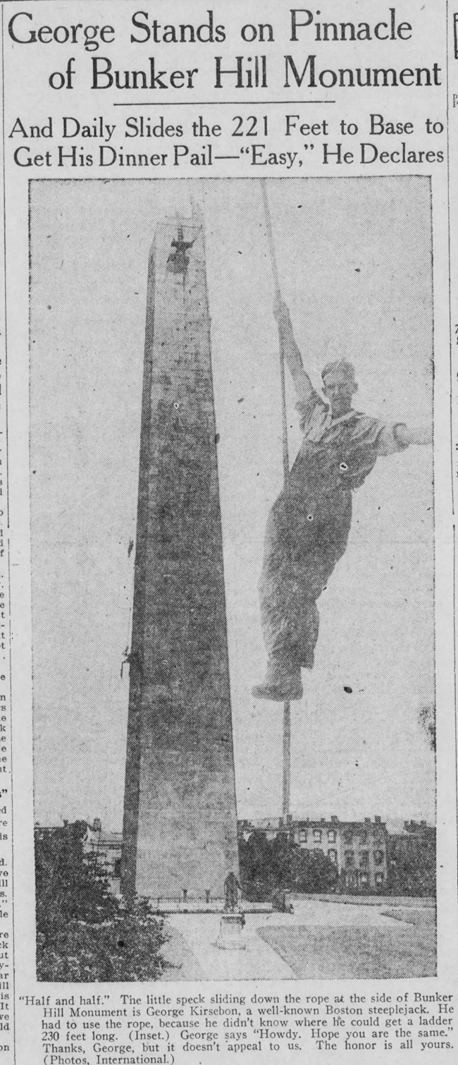 1920 Boston Post Worker Hanging from a rope next to the Bunker Hill Monument
