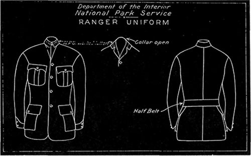 Line drawing of front and back views of the 1920 ranger uniform coat.