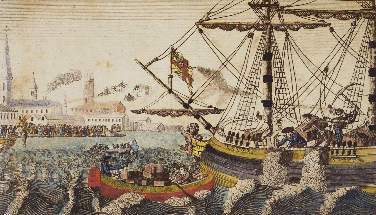 Boston_Tea_Party People dumping tea off of a large ship and a nearby smaller boat.