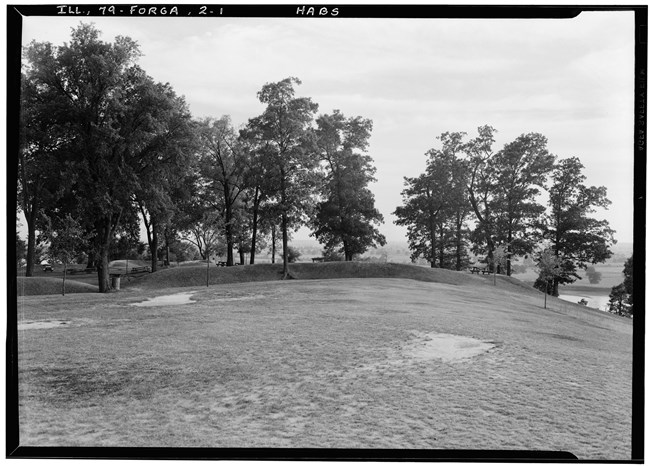 Black-and-white image of open field with trees in the background and river in the background.