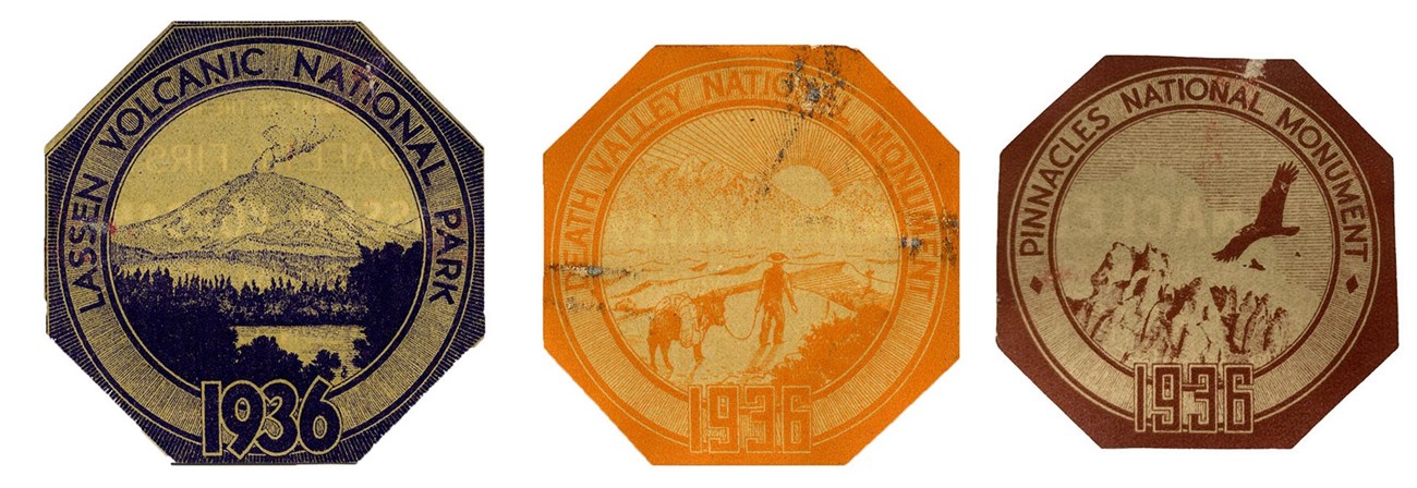 Three colorful 1936 windshield stickers