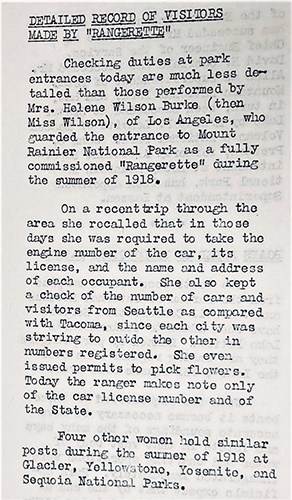 Newsletter article "Detailed Record of Visitors Made by 'Rangerette'" about Ranger Helene Wilson in 1918.