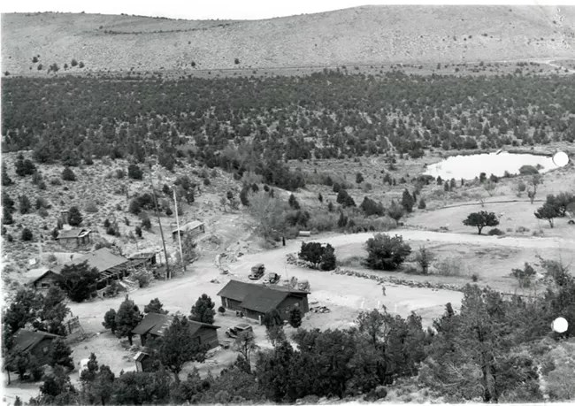 1940-Lehman-flat View of Rhodes Cabin in 1940 before Lehman Caves Visitor Center was built. Not much pinyon juniper cover.