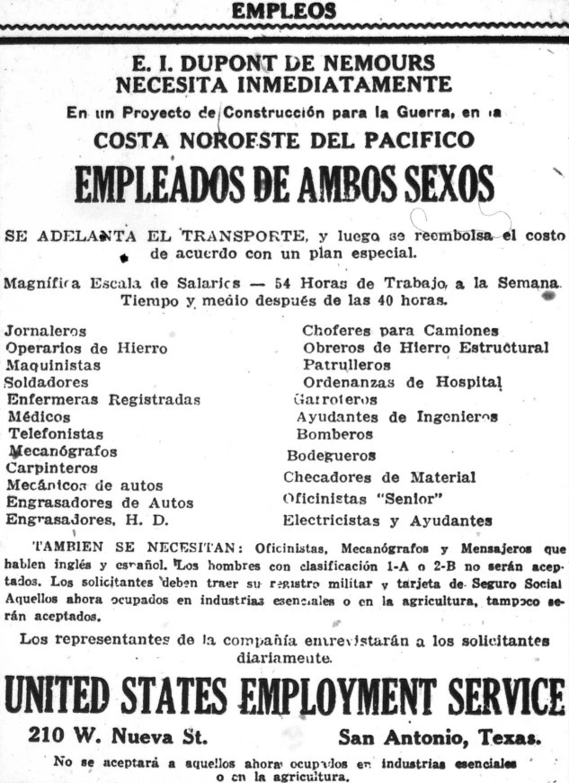 Historic newspaper job listing in Spanish for Empleados de Ambos Sexos from US Employment Service.