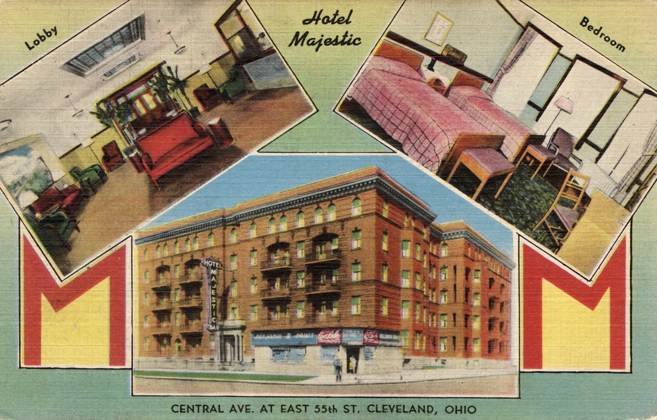 A colorized postcard with three views of the hotel: the street corner, a bedroom, and the lobby.