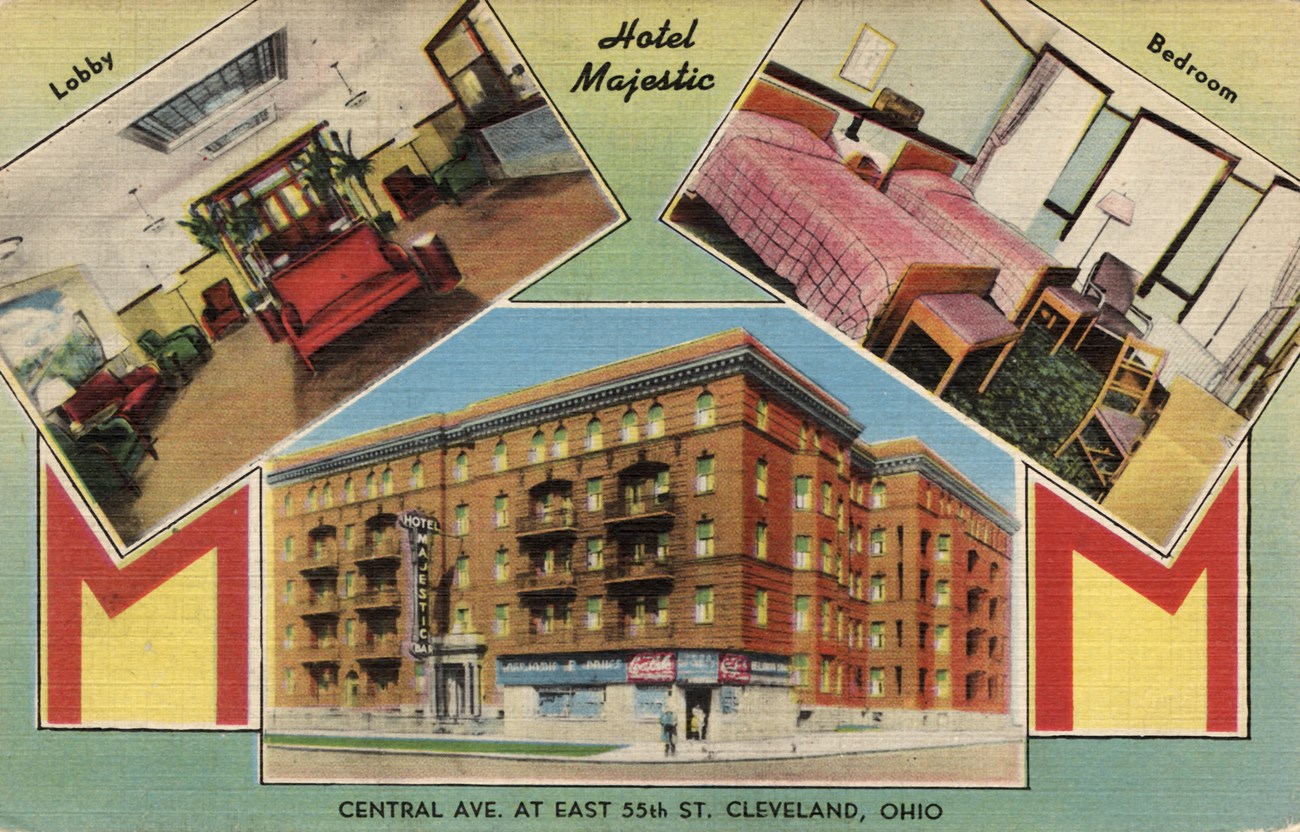 Majestic Hotel A colorized postcard with three views of the hotel: the street corner, a bedroom, and the lobby.