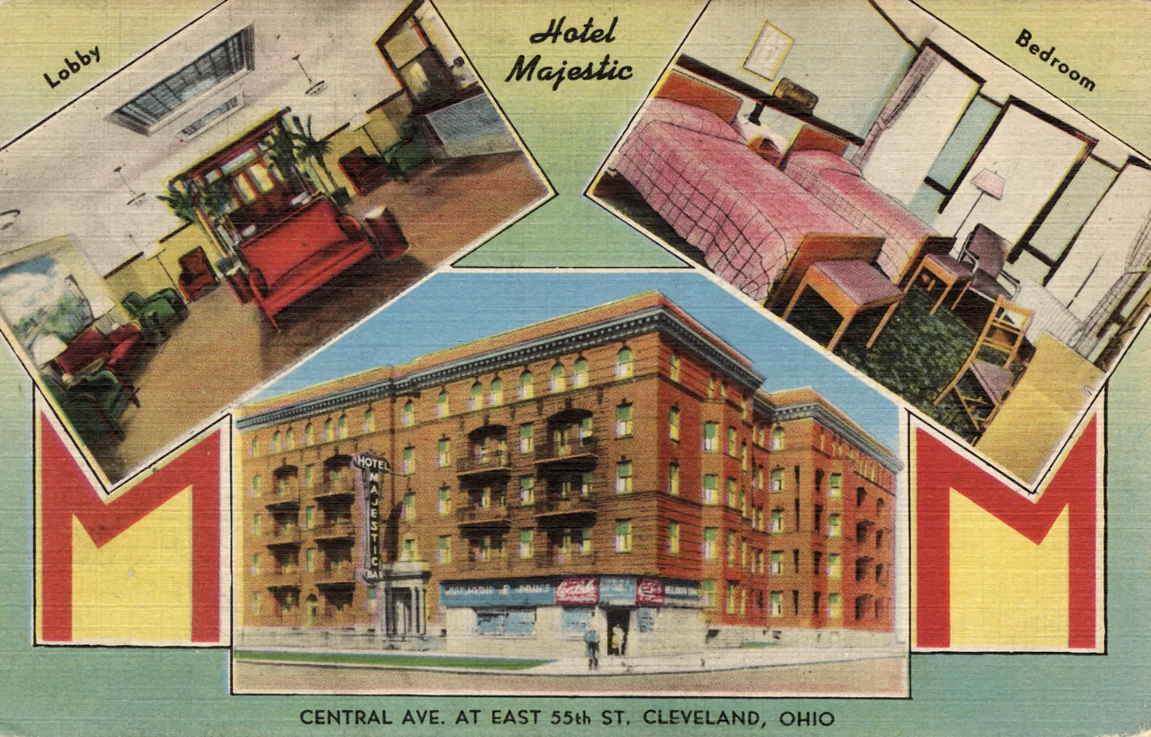 Majestic Hotel A colorized postcard with three views of the hotel: the street corner, a bedroom, and the lobby.