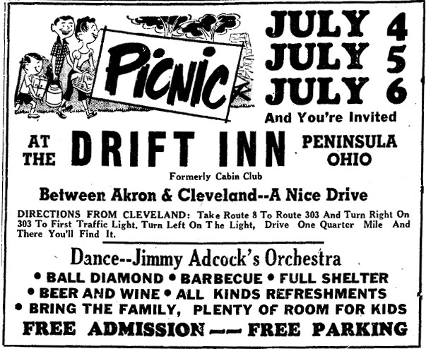 Black and white ad with text including "Picnic at the Drift Inn, July 4, July 5, July 6" and a drawing of a white family carrying picnic supplies.