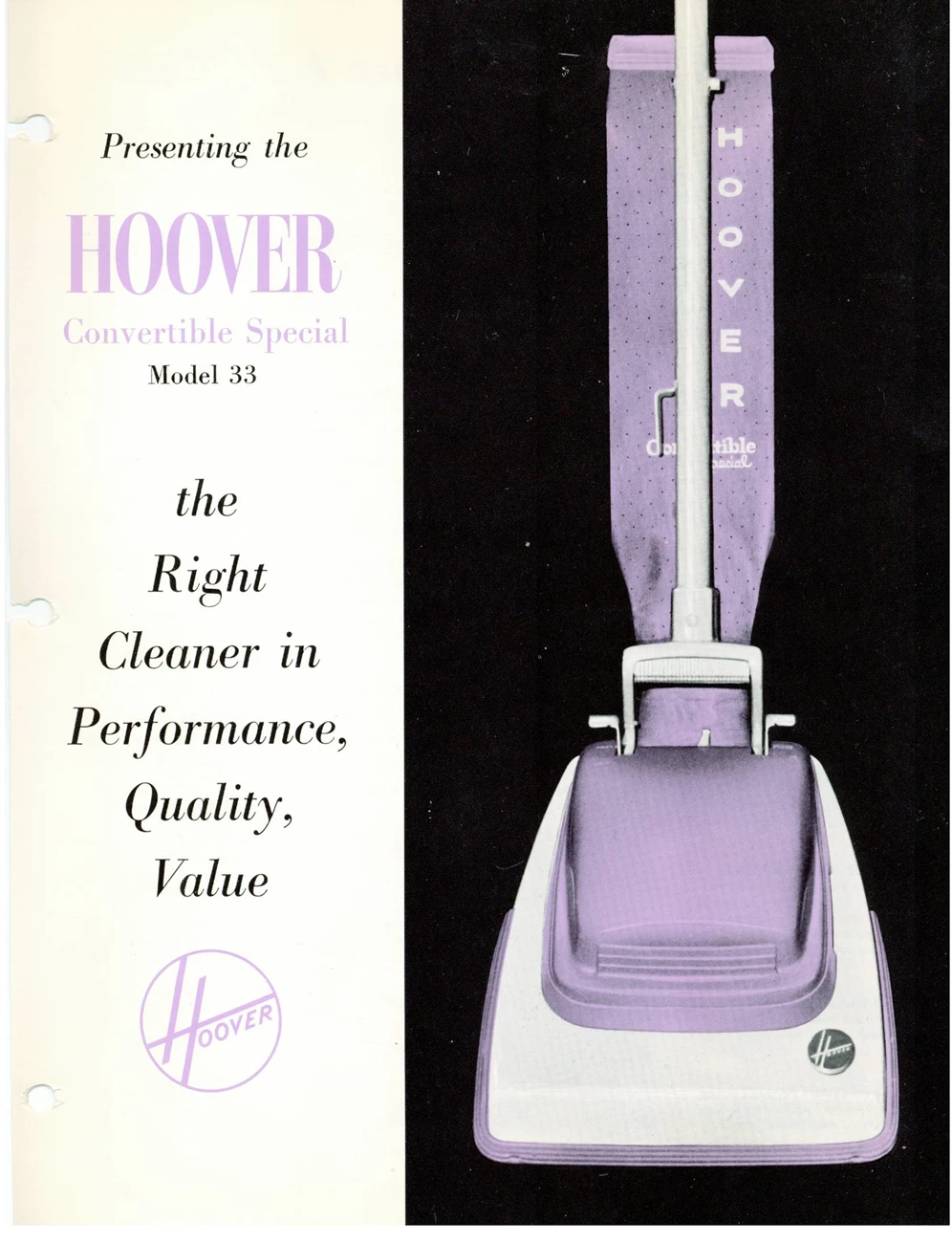1962 Hoover Convertible Special Model 33 Advertisement for a purple vacuum cleaner in the 1960s.