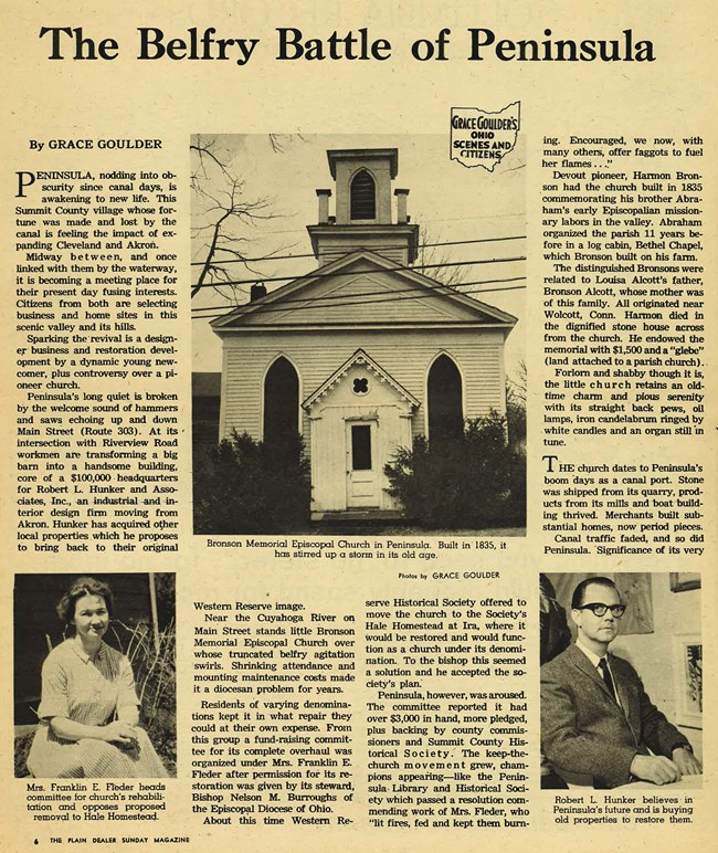 First page of a newspaper article with title, "The Belfry Battle of Peninsula" features photos of a historic white church, a seated young woman, and a suited man wearing glasses.