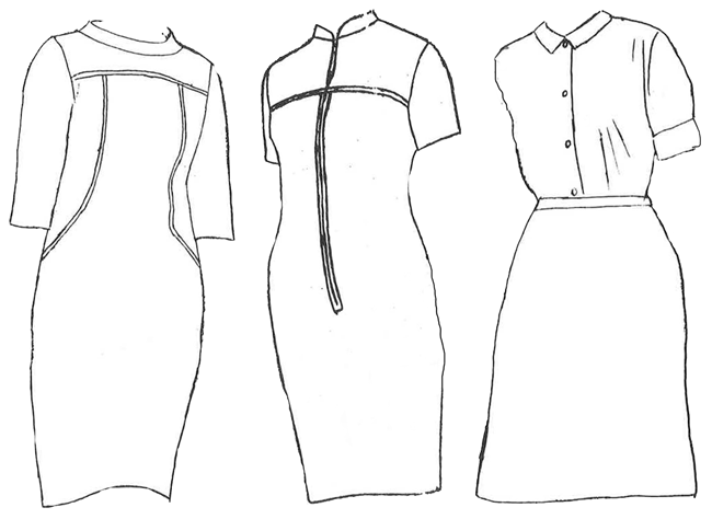 1969 uniform dresses sketches of two dresses and a shirt with blouse