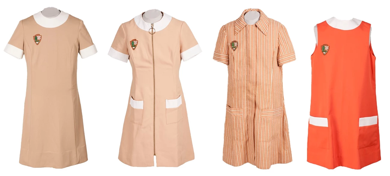 Final 1970 Uniforms four beige, brown, and orange dresses