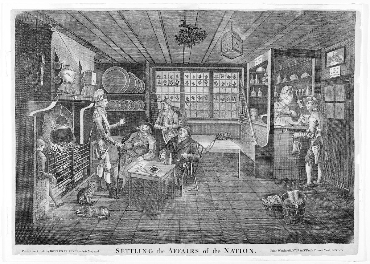 historic black and white illustration showing a holiday tavern scene with boughs of holly hanging from the ceiling