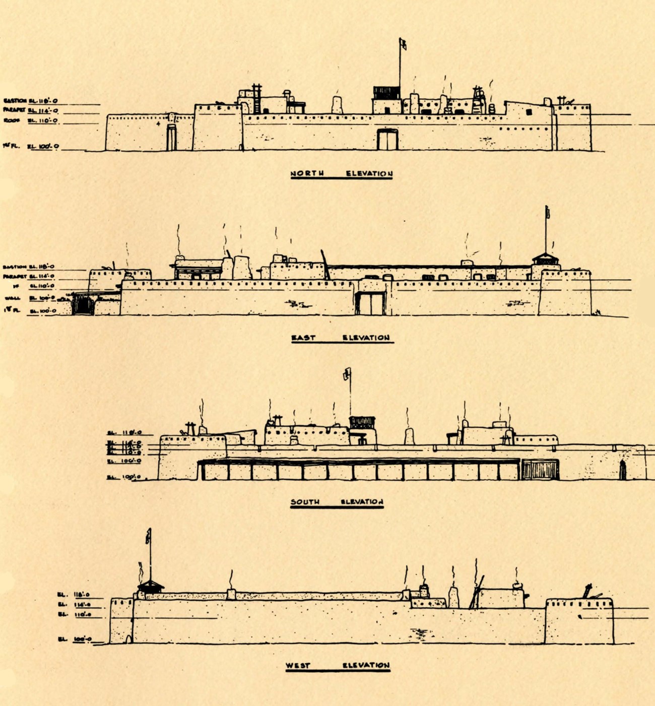 1973 concept drawings Drawings showing exterior views of the fort used in preparing the 1976 reconstruction