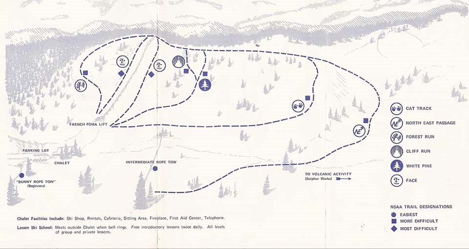 A digital illustration of a small ski area with a single lift, chalet and parking area.