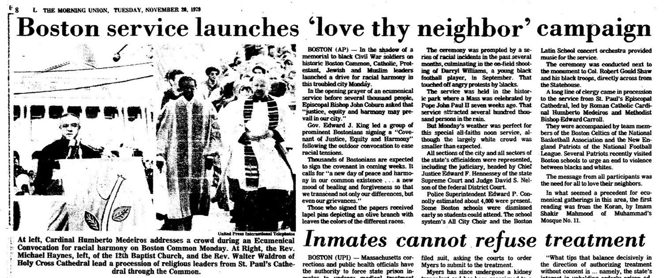 1979-LoveThyNeighbor Newspaper article called -Boston service launches love thy neighbor campaign- with an image of religious leaders.