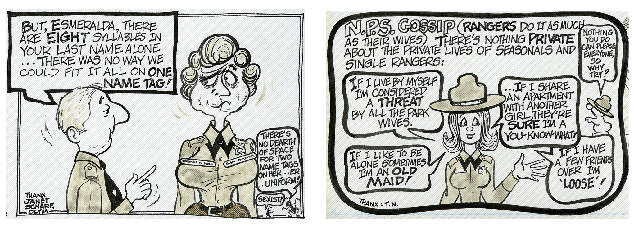 1979 cartoons Two cartoon panels depicting large-breasted women dealing with issues of long names and gossip.