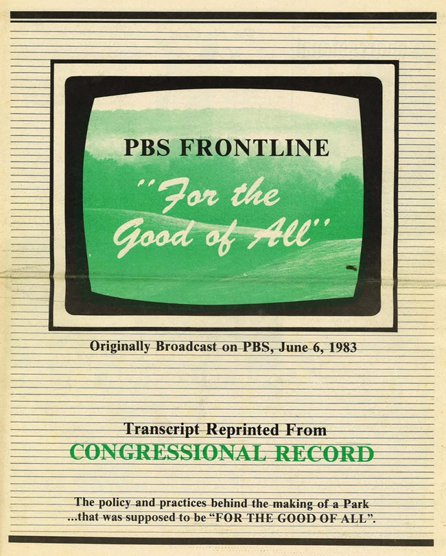Front cover of a newsprint publication with text, "PBS Frontline 'For the Good of All'" in a green graphic that looks like a TV screen; toward the bottom, text includes, "Transcript Reprinted from CONGRESSIONAL RECORD."