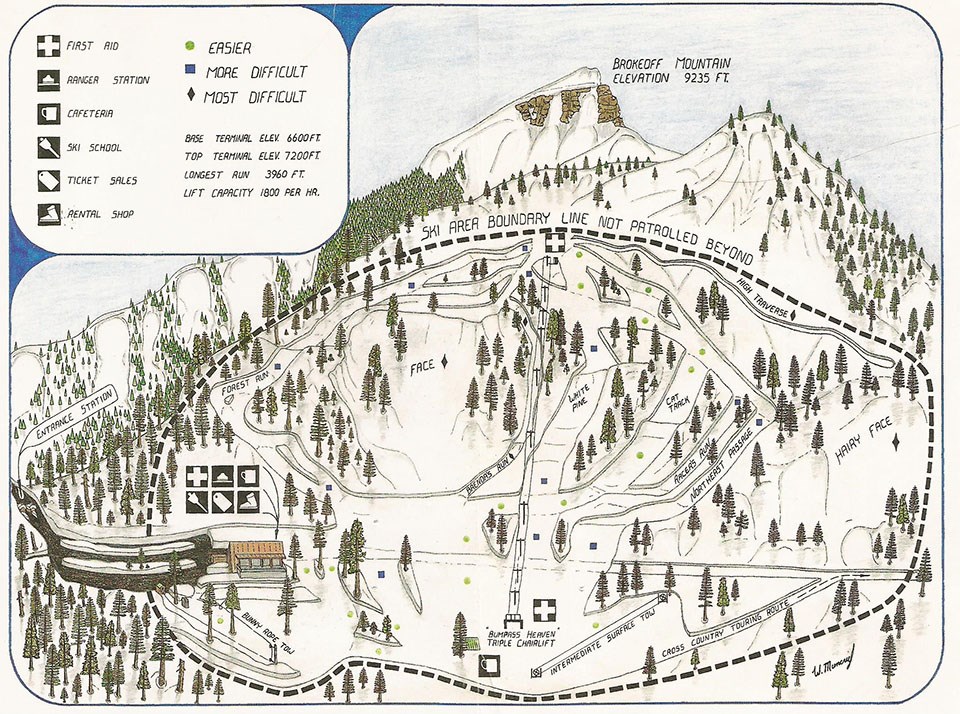 An hand drawn map of a small ski area with a single chairlift an a small chalet and parking area.