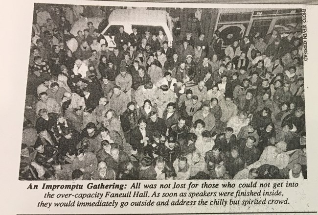 1989 - civil rights bill overflow crowd - Steven Keirstead Bay Windows Overflow of people trying to get into Faneuil Hall, looking from above.