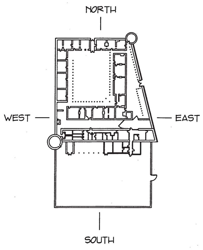 A floor plan of the fort showing internal compass references.