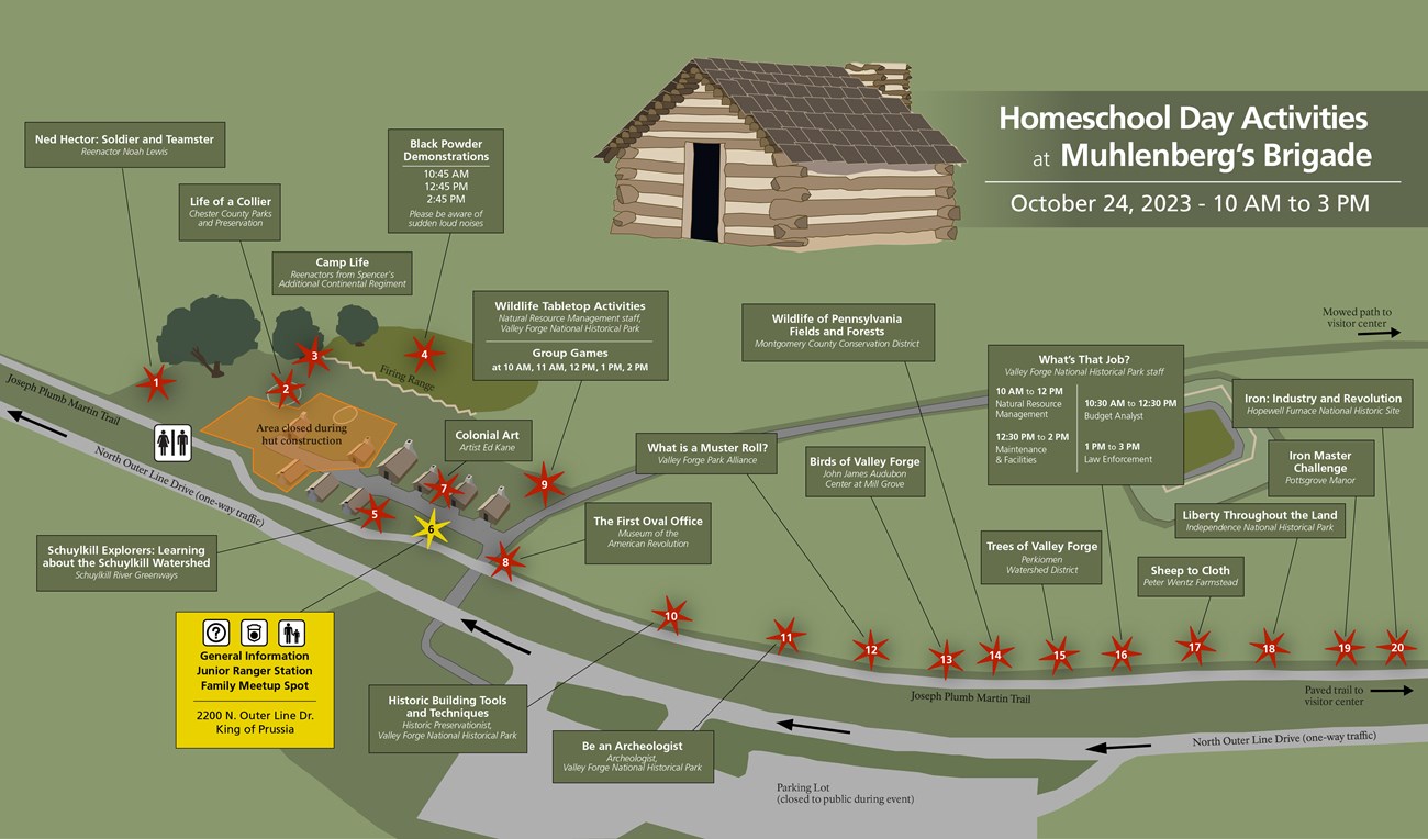2023 Fall Homeschool Day Activities Map graphic map showing illustrated soldier huts, roads, paved trails and red stars marking 20 activity locations