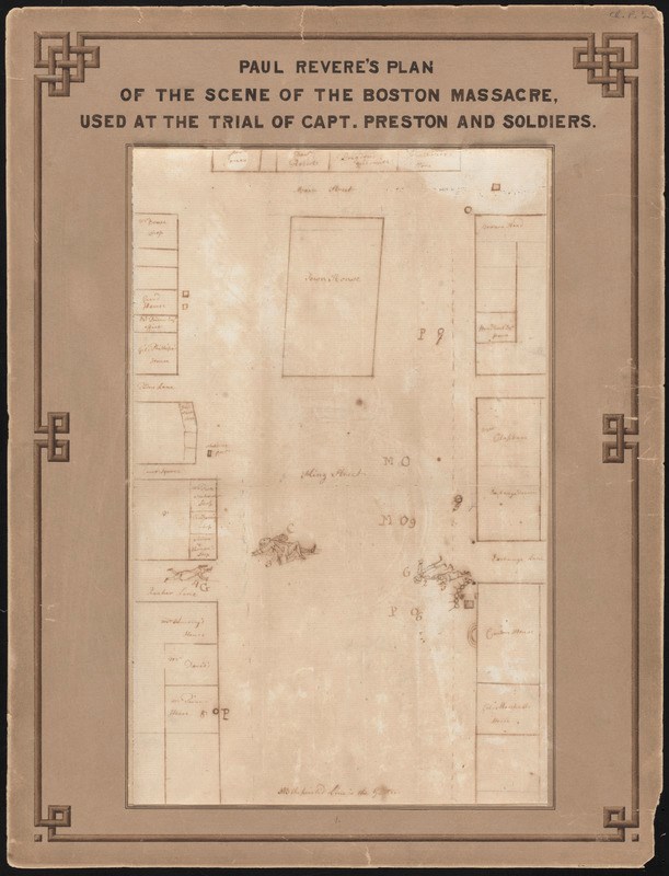 A sketch on a piece of parchment identifying where individuals were standing at the Boston Massacre.