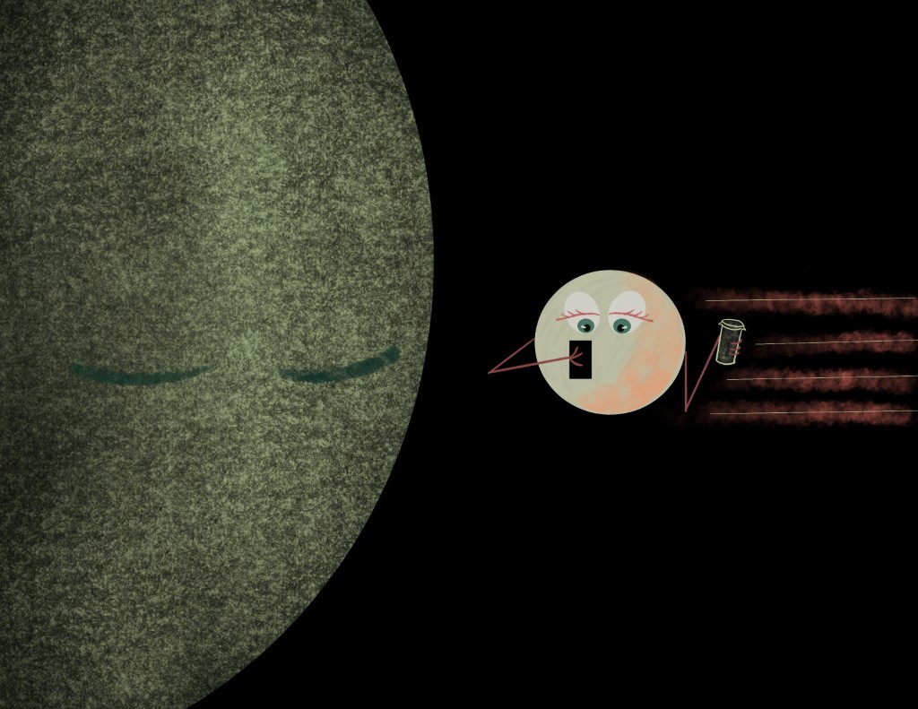 KGardiner_EarthMoonRomance_1 Smaller rock runs into larger rock in outer space while carrying a latte and cell phone