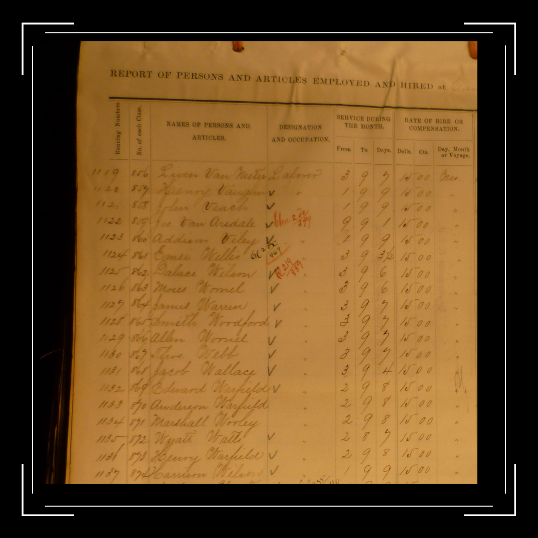 Camp Nelson Ledger Takeover the Network A photograph of a ledger of names of impressed laborers who worked at Camp Nelson for the US Army.