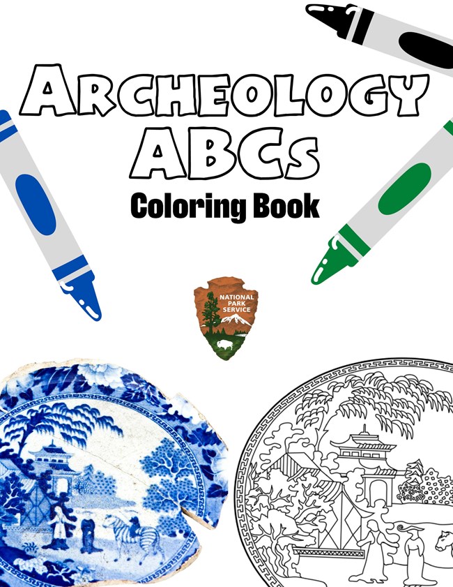 Title reads "Archeology ABCs coloring book" and has illustrations of crayons, an outline of a plate, and a photograph of the plate.