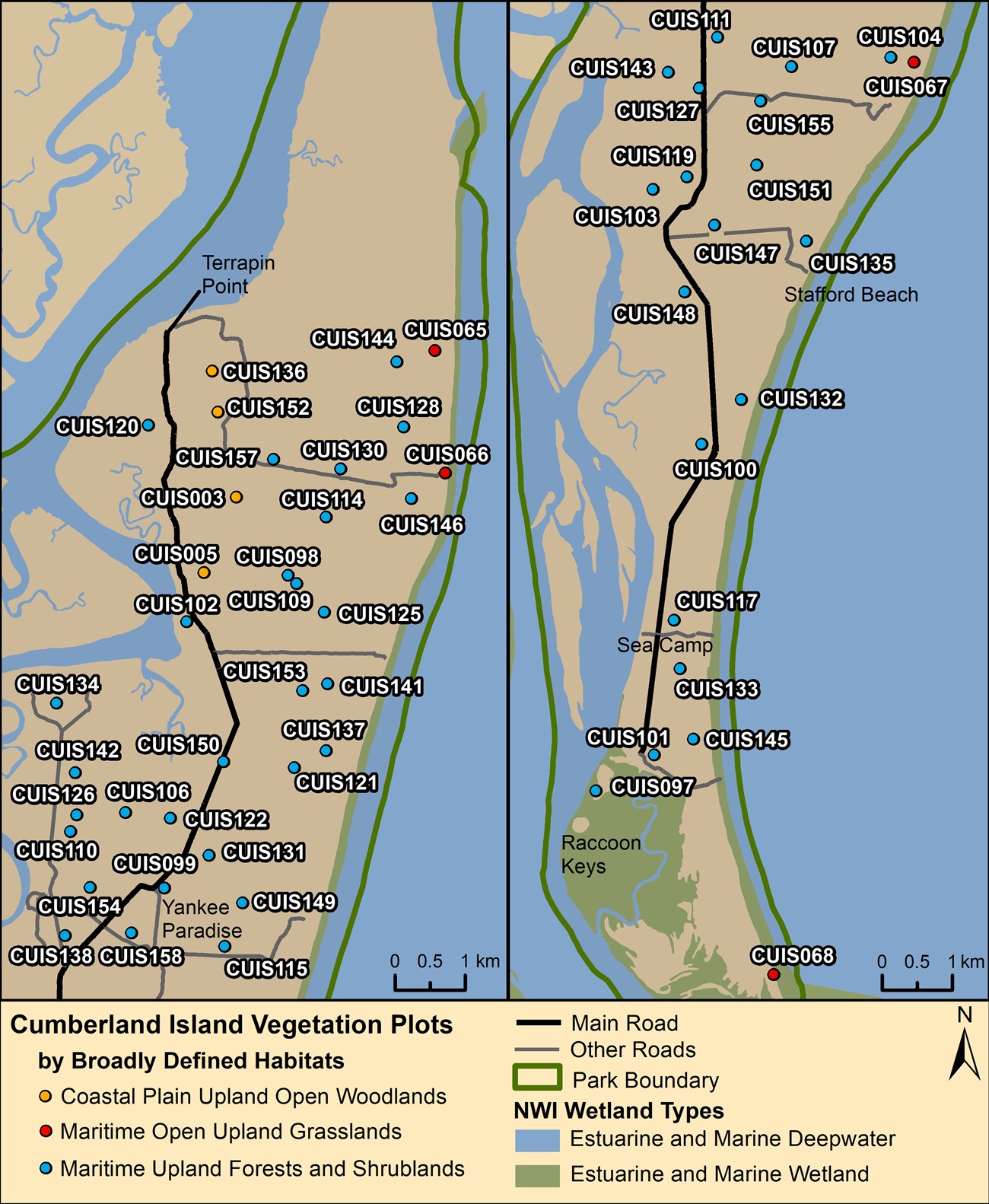 Map of vegetation plots established in the summer of 2020 at
Cumberland Island National Seashore map of vegetation plots at the park