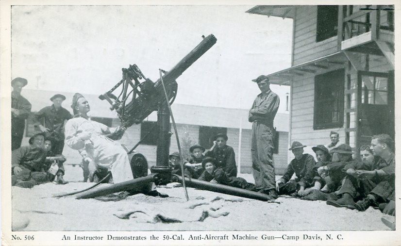 A postcard showing the demonstration of a 50-caliber anti-aircraft machine gun at Camp Davis.