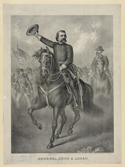 John Logan on horseback holding out his hat in salute amid his troops