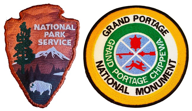 NPS and Maintenance patches NPS arrowhead logo and Grand Portage Maintenance logo patches.