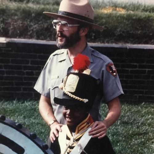 Paul FOMC 1970s Ranger Paul with child in 1812 uniform