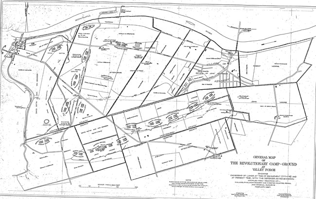 General Map of the Revolutionary Campground at Valley Forge, showing ownership of lands at the time of Encampment (1777-1778) and at present time, with the degences as far as shown. Compiled from the records of Philadelphia, Montgomery, and Chester Counti