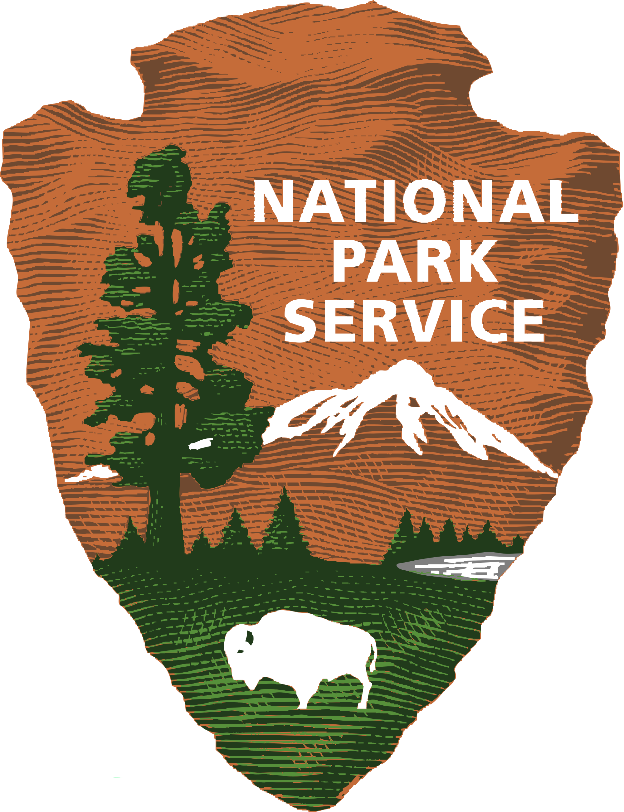 National Park Service Arrowhead with the various symbols including the Sequoia, Bison, Lake, Mountain and Arrowhead itself.