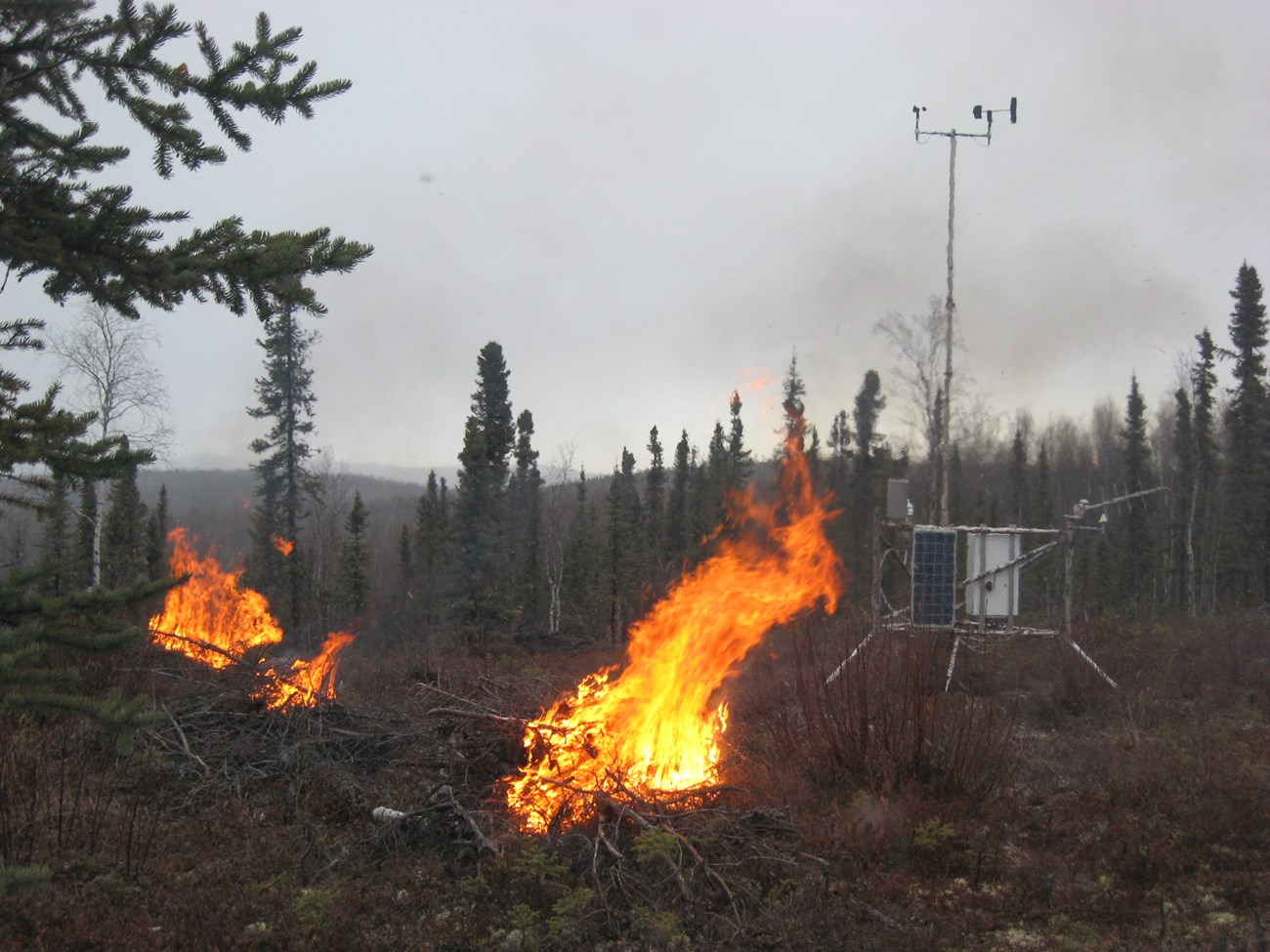 Pile Burning near Ben Creek RAWS station A piece of metal equipment sits near a pile of logs on fire in the woods.