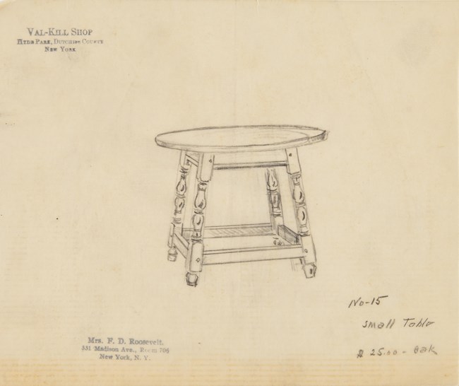 A pencil sketch of a table with oval top.