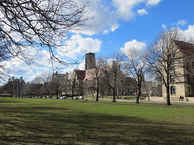 A grassy park marks the former location of the Midway Plaisance