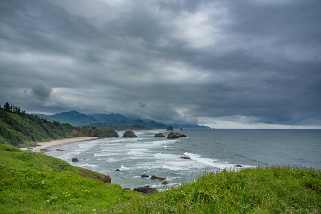 2017_Cannon Beach Color photograph of a landscape view of the Pacific Ocean, with green vegetation in the foreground, a receding beach line, mountains in the background, and a dark cloudy sky overhead.